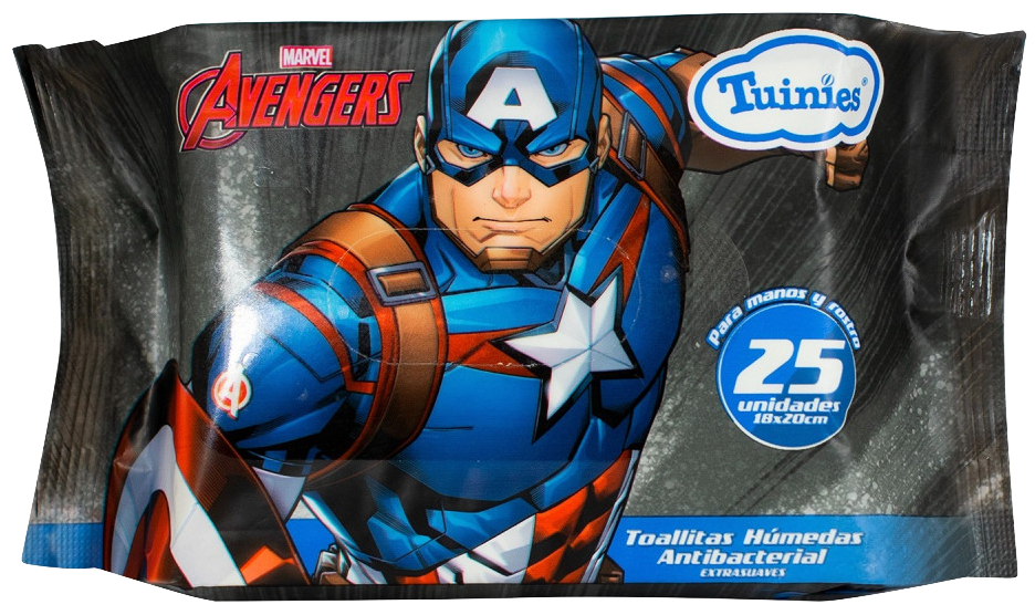 Toallitas Húmedas Antibacteriales MARVEL Avengers Capitán América Tuinies Paquete 25 unid